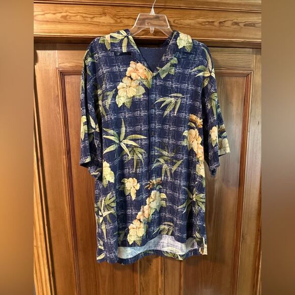 Tommy Bahamas Floral Hawaiian Shirt - Blue and Yellow 100% silk Mens XL - Picture 1 of 12
